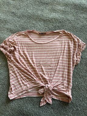 Ambiance Pink & White Striped Knot-Front Crop Top